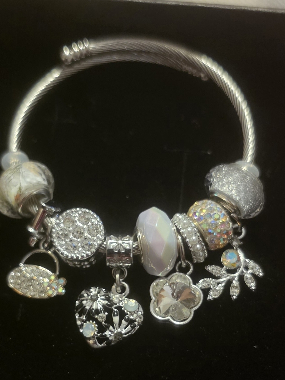 Silver-Tone Crystal Charm Bracelet with White and Iridescent Beads